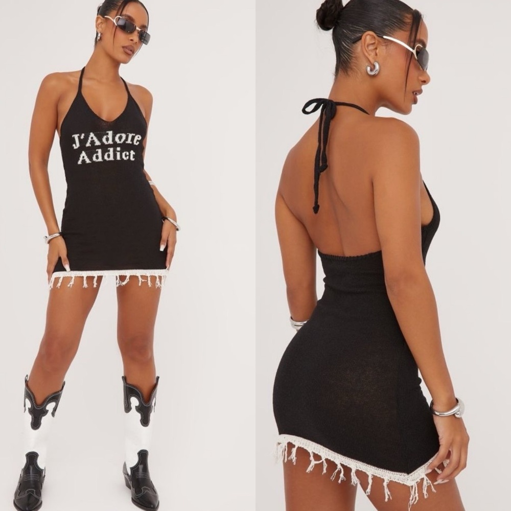 'J'ADORE ADDICT' WHITE CONTRAST DETAIL TASSEL HEM KNITTED MINI DRESS IN BLACK